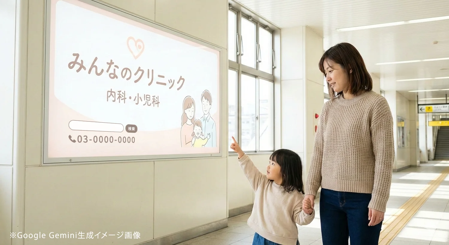 クリニック看板広告を見る親娘のイメージ