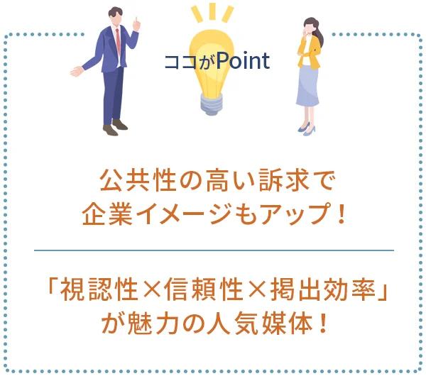 ポイント1｜公共性の高い訴求で、企業イメージもアップ！
ポイント2｜「視認性×信頼性×掲出効率」が魅力の人気媒体！